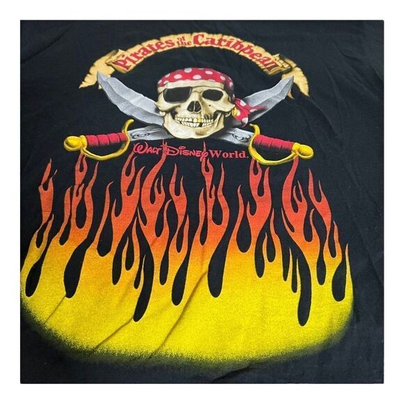Vintage Flames Walt Disney World Pirates of the Caribbean T Shirt XXL Black 3X - Picture 2 of 6